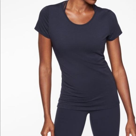 Athleta Encore Tee Ruched Open Back Navy Blue Short Sleeve XSmall XS Crew Neck - Picture 9 of 10